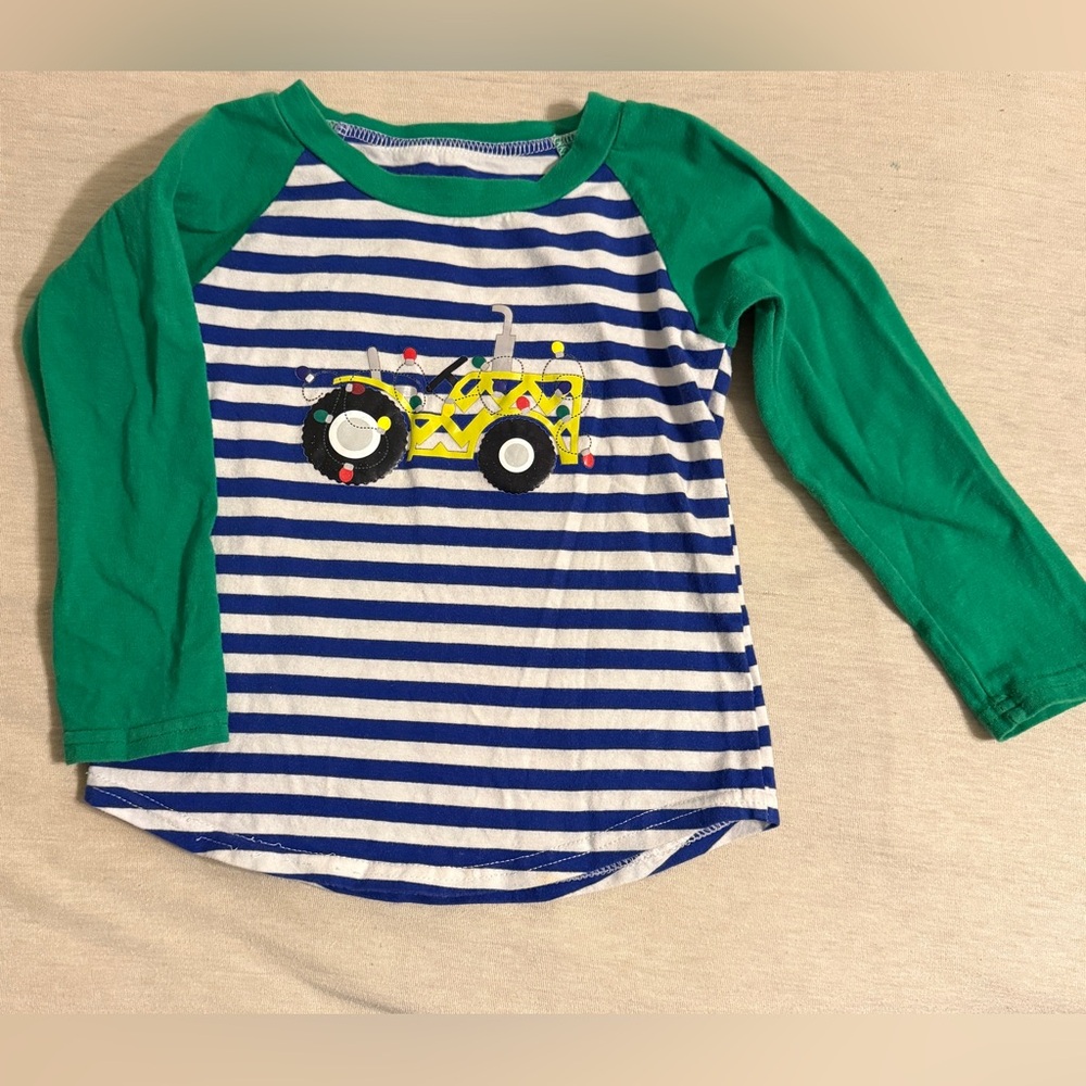 Green and Blue Striped Kids CHRISTMAS THEMED Shirt with Tractor Design